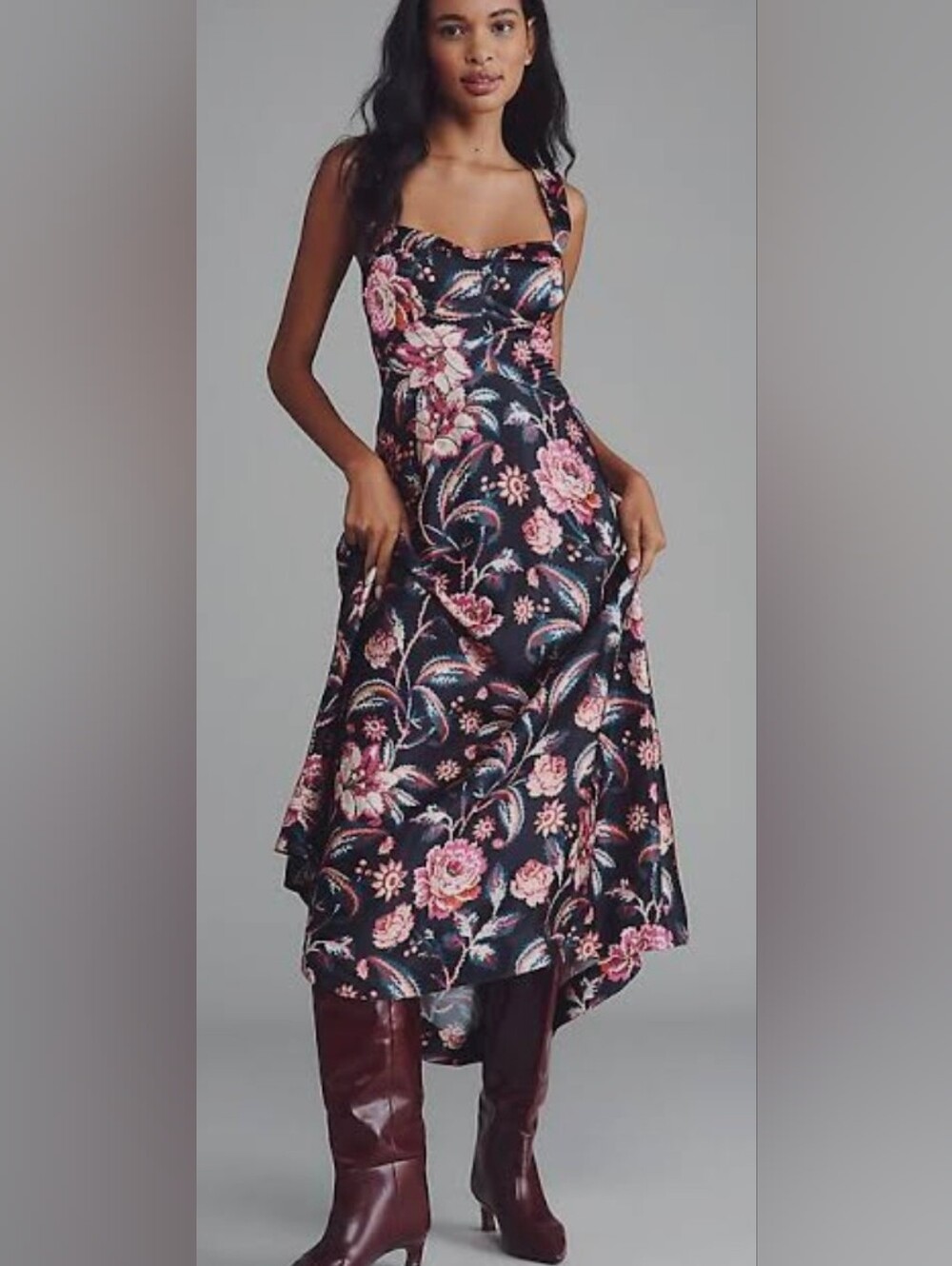 Anthropologie Black And Pink Floral Print Midi Dress